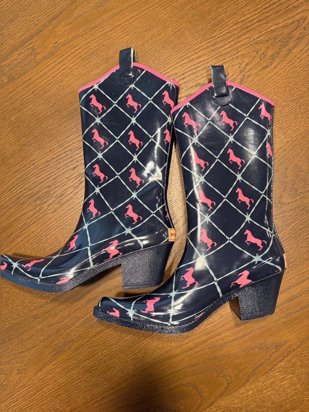 Bit & Bridle Blue With Pink Horse Western Style Rubber Boots Size 8